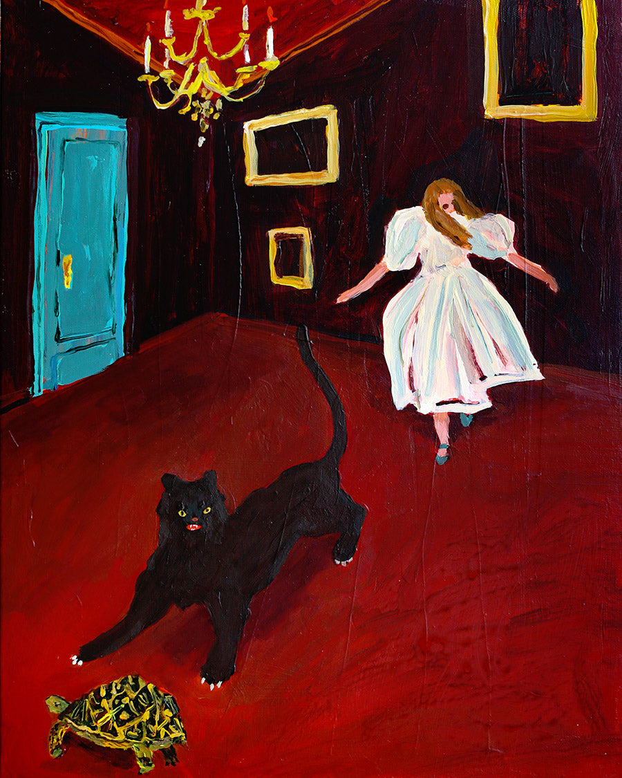 Painting of a woman in a white dress with a black cat on a red floor.